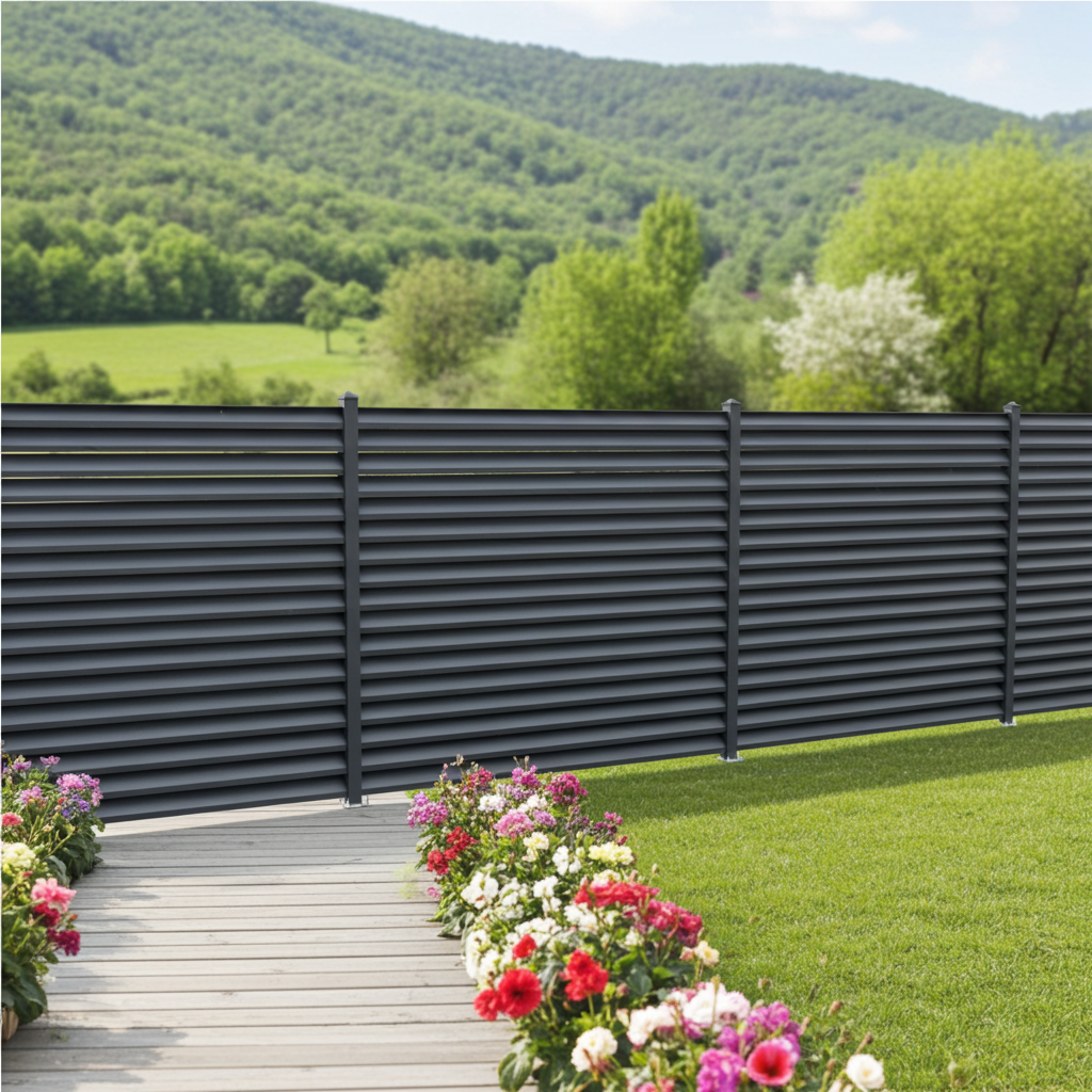 Louvered steel fence